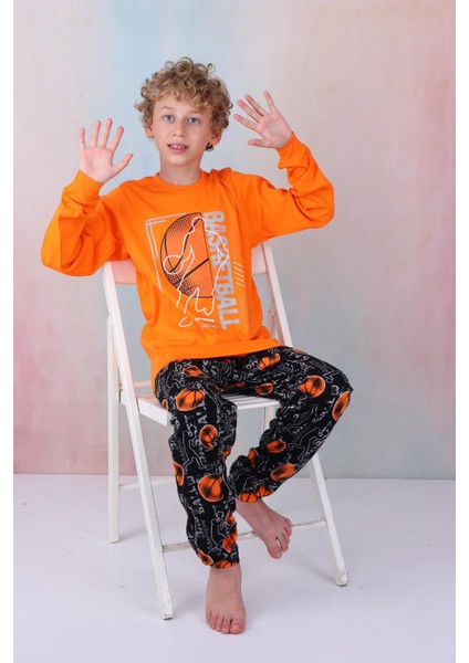Yeni Sezon Erkek Çocuk Gez Garson Basketball Uzun Kollu Pamuk Interlok Pijama Takımı 5154-TURUNCU