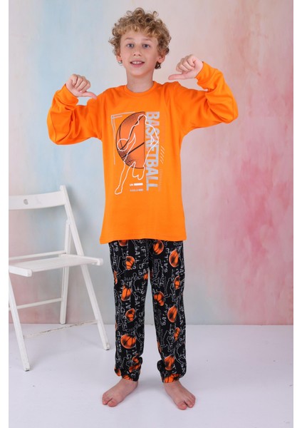 Yeni Sezon Erkek Çocuk Gez Garson Basketball Uzun Kollu Pamuk Interlok Pijama Takımı 5154-TURUNCU modelleri