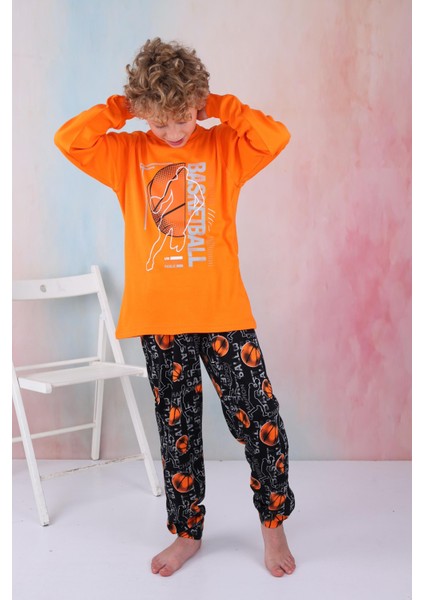 Yeni Sezon Erkek Çocuk Gez Garson Basketball Uzun Kollu Pamuk Interlok Pijama Takımı 5154-TURUNCU indirimleri