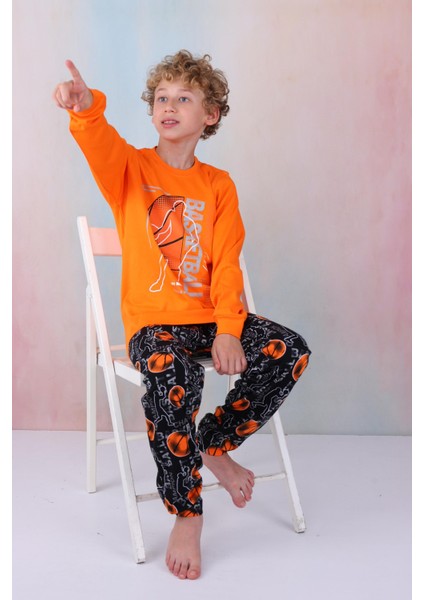 Yeni Sezon Erkek Çocuk Gez Garson Basketball Uzun Kollu Pamuk Interlok Pijama Takımı 5154-TURUNCU fiyatları