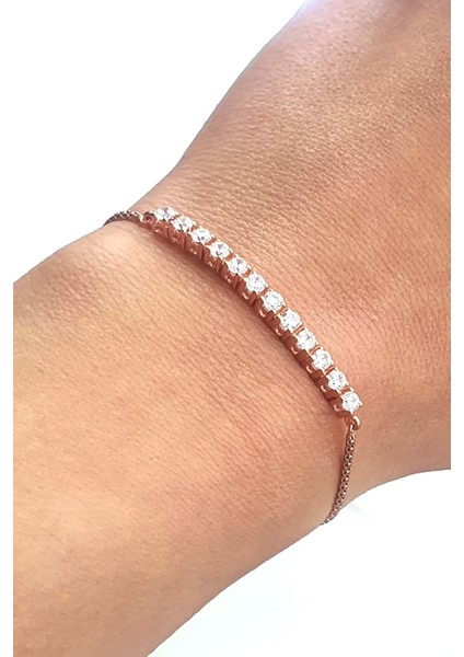 zirkon Taşlı 925ayar Gümüş Rose Tasarım Asansörlü Ayarlanabilir Bileklik