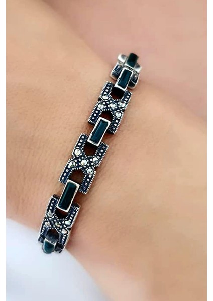 Yesil akik taşlı gümüş markazit bileklik