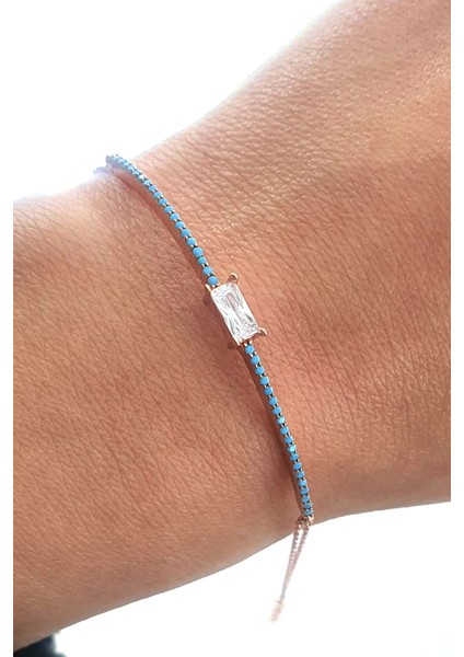 mavi turkuaz ve Zirkon Taşlı 925 ayar Gümüş Rose Bileklik