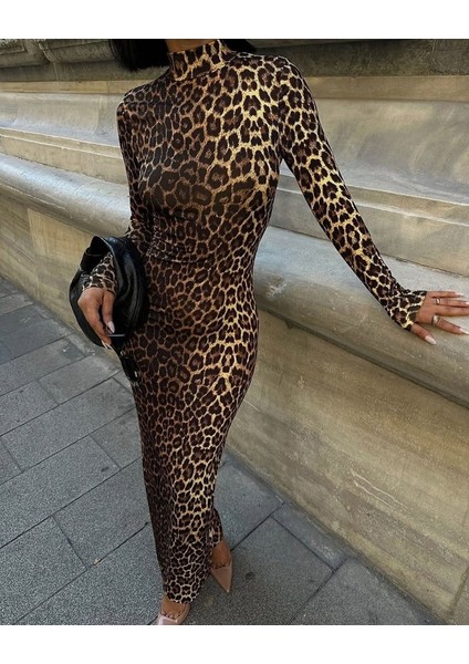 Kadın Uzun Kollu Balıkçı Yaka Gull Likralı Leopar Desen Maxi Boy Elbise fiyatları