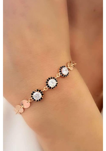 oniks tas detayli pullu ayarlanabilir asansörlü gümüş rose bileklik