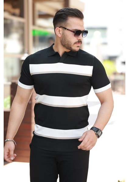 Erkek Şerit Desenli Hemşire Yaka Kısa Kollu Tişört