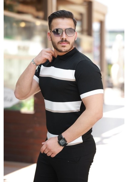 Erkek Şerit Desenli Hemşire Yaka Kısa Kollu Tişört fiyatları