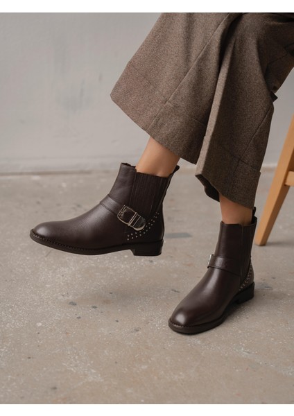 Novan Kahve Hakiki Deri Kadın Bot