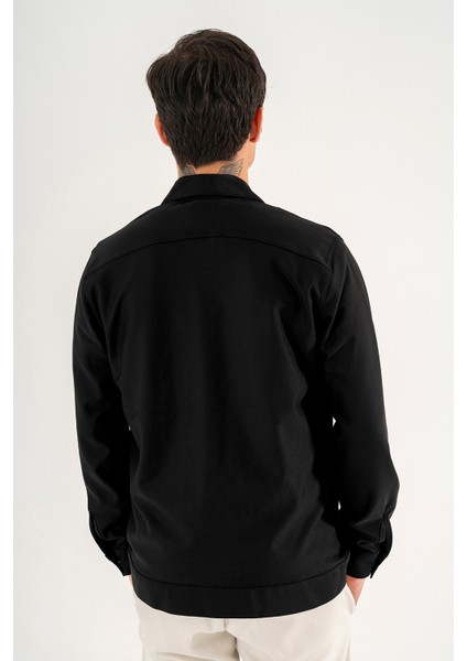Erkek Siyah Rahat Kesim Gömlek Ceket Kapaklı Çift Cepli Çıtçıtlı fırsatları