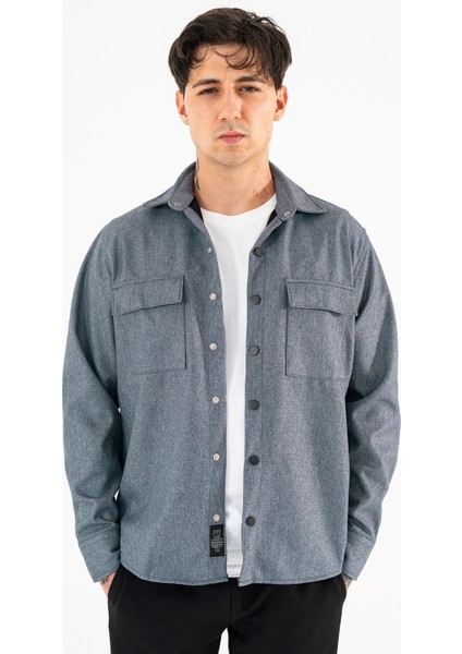 Erkek Indigo Oversize Gömlek Ceket Kapaklı Çift Cepli Çıtçıtlı