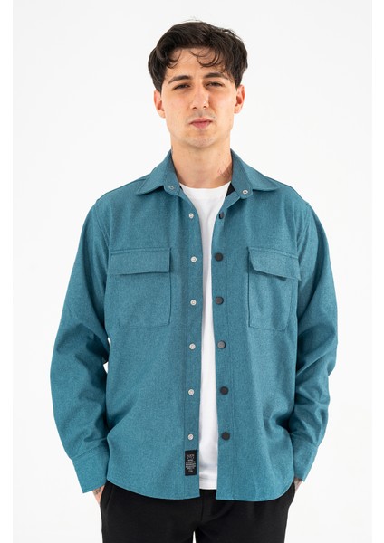 Erkek Petrol Mavisi Oversize Gömlek Ceket Kapaklı Çift Cepli Çıtçıtlı