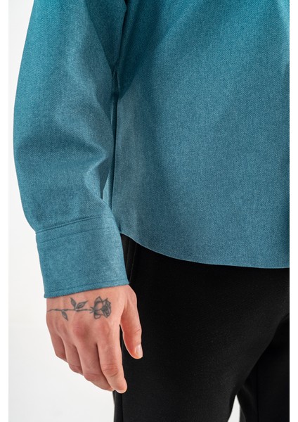 Erkek Petrol Mavisi Oversize Gömlek Ceket Kapaklı Çift Cepli Çıtçıtlı