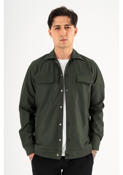 Erkek Haki Rahat Kesim Gömlek Ceket Kapaklı Çift Cepli Çıtçıtlı