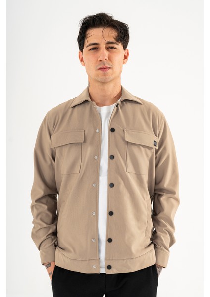 Erkek Camel Rahat Kesim Gömlek Ceket Kapaklı Çift Cepli Çıtçıtlı