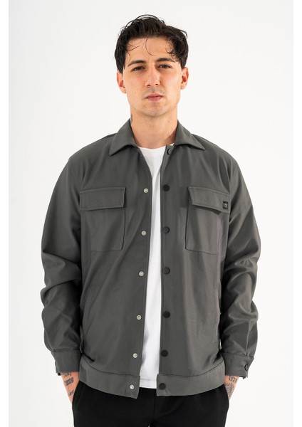 Erkek Füme Rahat Kesim Gömlek Ceket Kapaklı Çift Cepli Çıtçıtlı