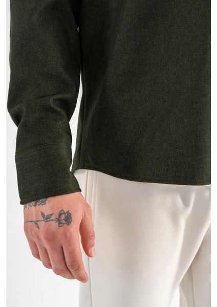 Erkek Haki Oversize Gömlek Ceket Kapaklı Çift Cepli Çıtçıtlı