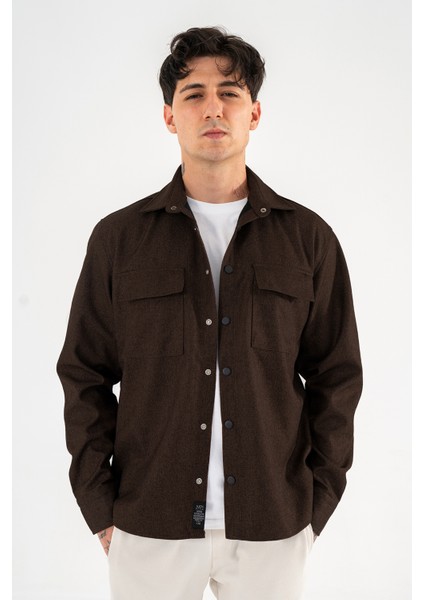 Erkek Kahverengi Oversize Gömlek Ceket Kapaklı Çift Cepli Çıtçıtlı