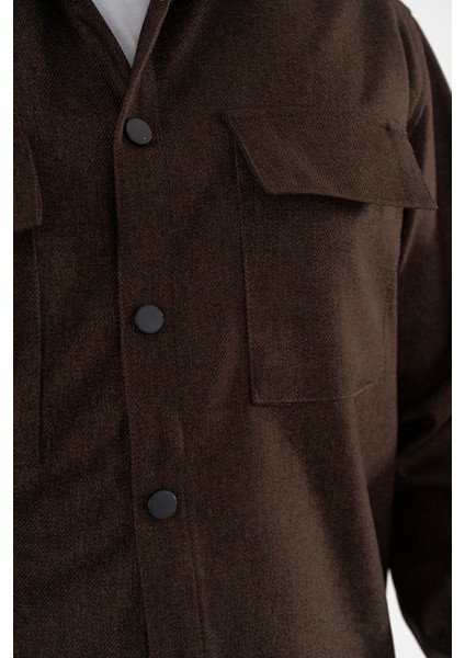 Erkek Kahverengi Oversize Gömlek Ceket Kapaklı Çift Cepli Çıtçıtlı indirimleri