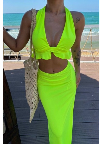 Kadın Mayo Kumaş Bağlamalı Crop ve Maxi Boy Etek Ikili Takım