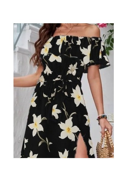 Kadın Kısa Kollu Madonna Yaka Fırfırlı Belden Yırtmaçlı Maksi Örme Krep Elbise fiyatları