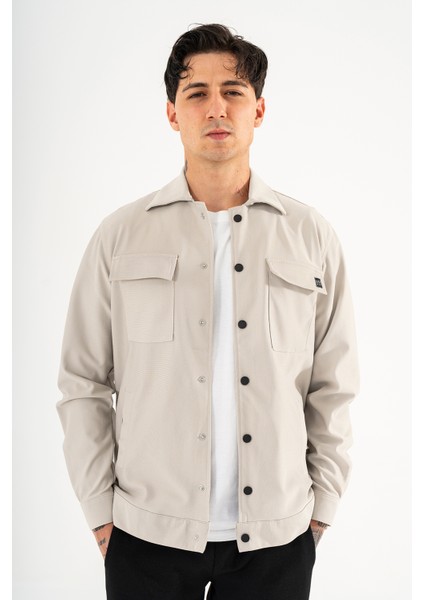 Erkek Taş Rengi Rahat Kesim Gömlek Ceket Kapaklı Çift Cepli Çıtçıtlı