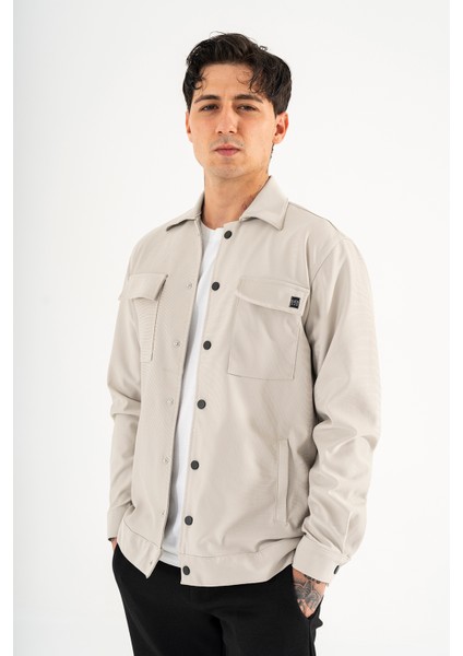 Erkek Taş Rengi Rahat Kesim Gömlek Ceket Kapaklı Çift Cepli Çıtçıtlı modelleri