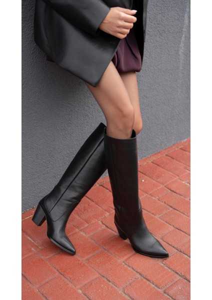 Aniela Siyah Deri Hakiki Deri Kadın Çizme modelleri