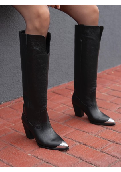 Bradley Siyah Hakiki Deri Çizme 8 cm Topuklu Şık Tasarım Kadın Ayakkabı