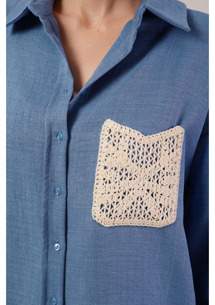 Etnik Cep Detaylı Mavi Gömlek modelleri