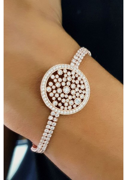 Pırlanta Işıltısında Zirkon Taşlı 925ayar Gümüş Rose Ayarlanabilir Asansörlü Bileklik