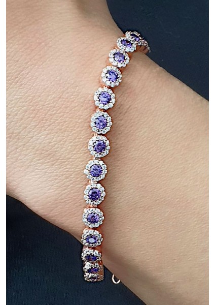 Mor Ametist Taşlı 925ayar Gümüş Rose Su Yolu Bileklik