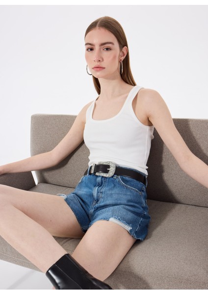 U Yaka Fitilli Beyaz Kadın Atlet M5SL-TST1149