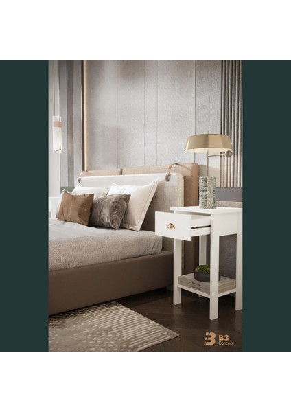 B3CONCEPT Retro Serisi Özel Tasarım Tek Çekmeceli Yatak Yanı Komodin White Beyaz