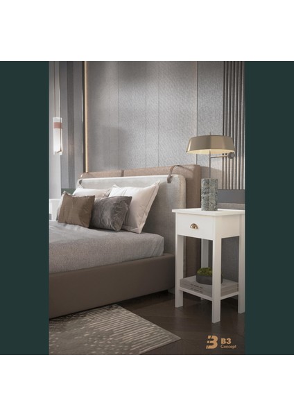 B3CONCEPT Retro Serisi Özel Tasarım Tek Çekmeceli Yatak Yanı Komodin White Beyaz