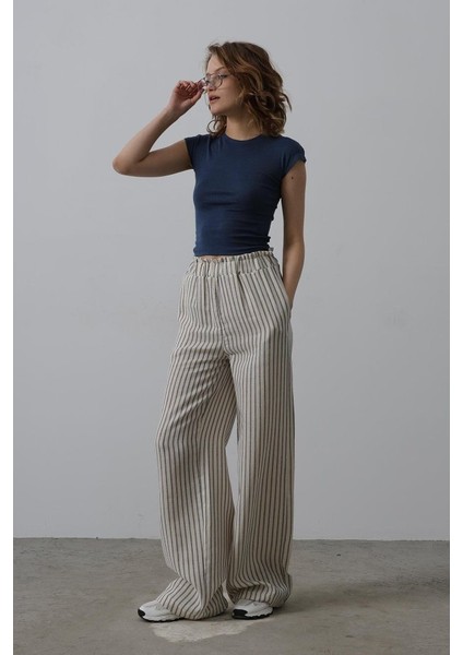 Çizgili Pamuklu Lastikli Pantolon - Bej-Lacivert