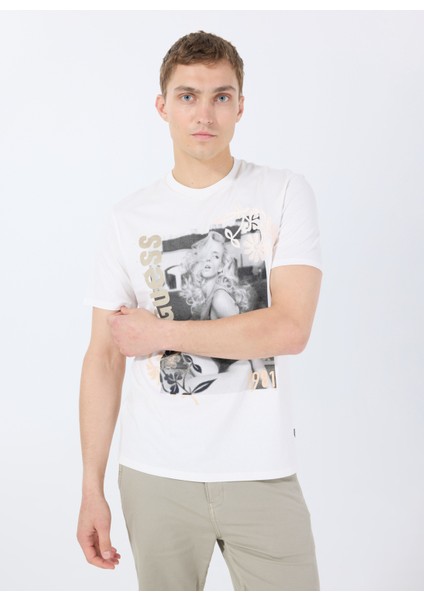 Bisiklet Yaka Desenli Beyaz Erkek T-Shirt M5GI33KBW41G018 Ss Bsc Movıe Guess modelleri