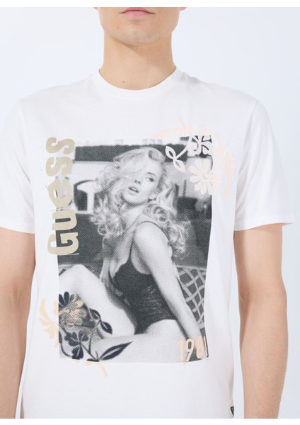 Bisiklet Yaka Desenli Beyaz Erkek T-Shirt M5GI33KBW41G018 Ss Bsc Movıe Guess fırsatları