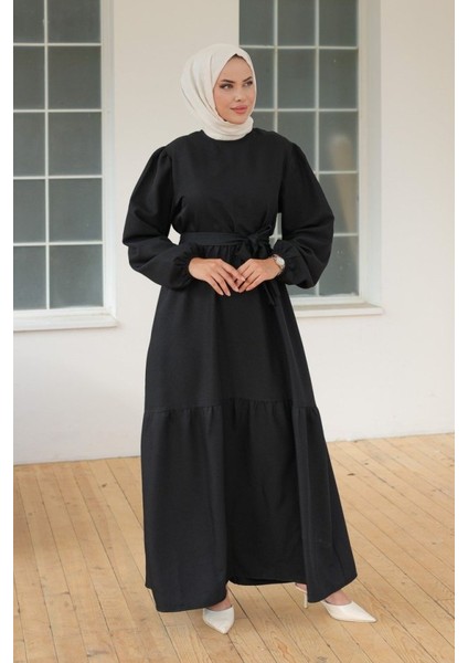 Kadın Uzun Kol Bisiklet Yaka Belden Bağlamalı Elbise indirimleri