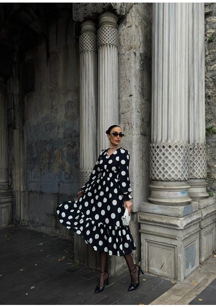 Kadın Uzun Kollu V Yakalı Beli Lastikli Puantiyeli Uzun Krep Elbise fiyatları