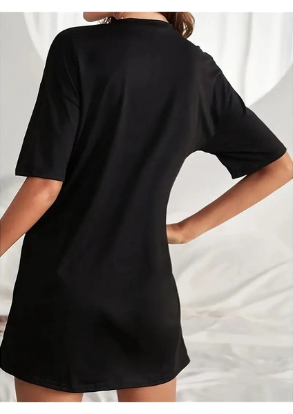 Kadın Kısa Kollu Yazı Baskılı Basic Mini Elbise fiyatları