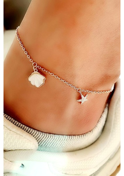 Sedef ve zirkon taşlı gümüş rose trend halhal