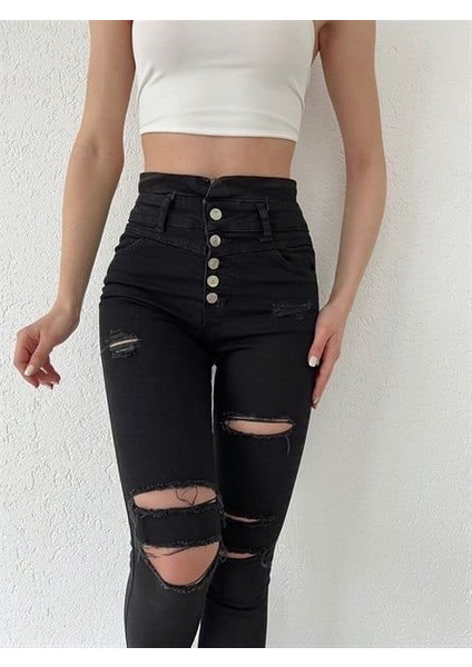 Kadın 5 Düğmeli V Detay Bel Yırtık Kot Pantolon fırsatları