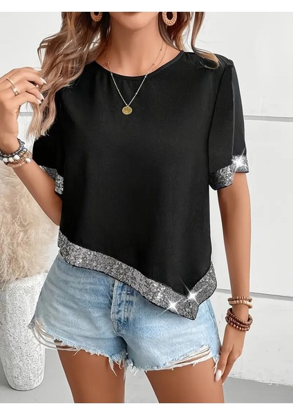 Kadın Kısa Kollu Bisiklet Yaka Asimetrik Kesim Detaylı Pul Payetli Krep Bluz fırsatları