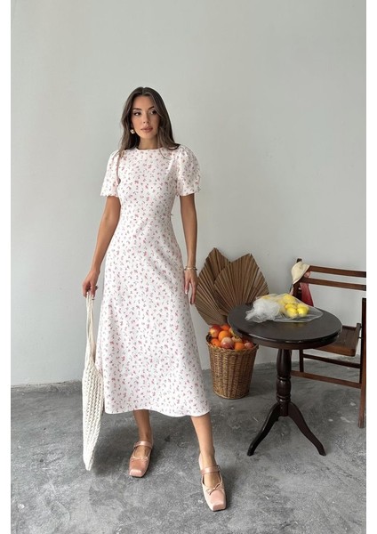 Pembe Dijital Baskılı Atlas Elbise