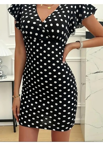 Kadın Kısa Kollu Kruvaze Yakalı Örme Puantiyeli Krep Elbise fiyatları