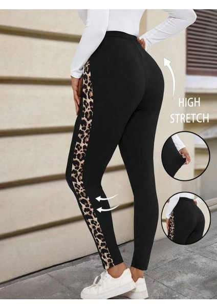 Kadın Yüksek Bel Yanları Leopar Şerit Detay Dalgıç Tayt