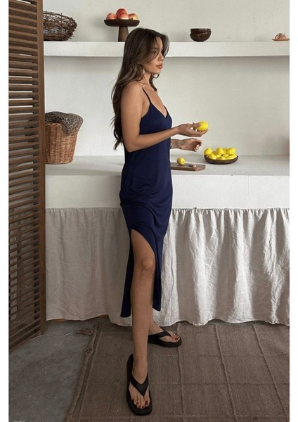 Kadın Siyah Asansör Askılı Çift Yırtmaçlı Helen Elbise indirimleri