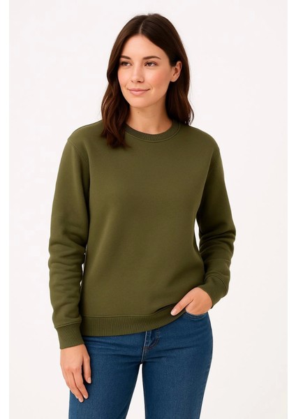 Üç Iplik Düz Bisiklet Yaka Sweatshirt - Haki