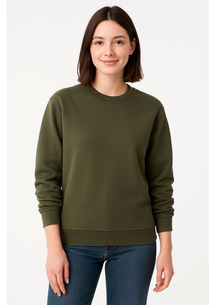 Üç Iplik Düz Bisiklet Yaka Sweatshirt - Haki modelleri