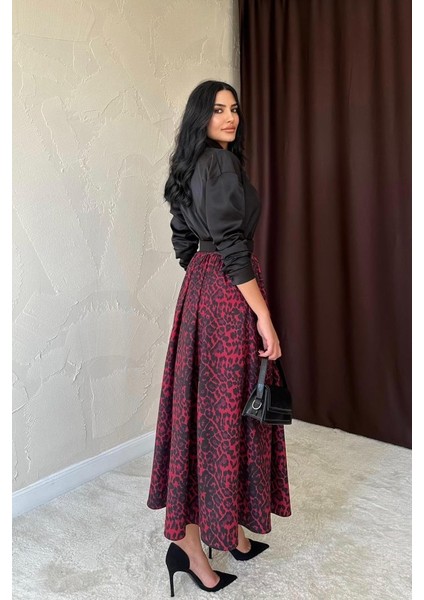 Bordo Leopar Büzgülü Uzun Etek modelleri